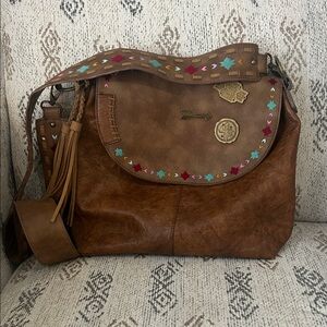 Brown Boho Embroidered Leather-Style Crossbody Bag